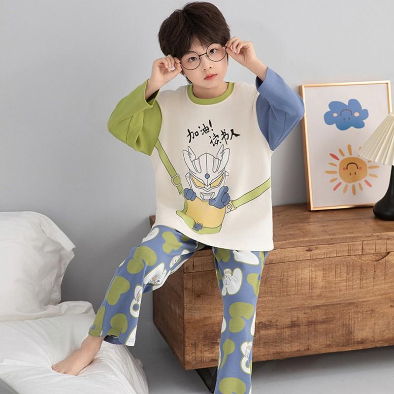 100% Combed Cotton Boys Pajama Set Long Sleeve Cartoon Print Sleepwear Teens 8 Years Lightweight Home Wear