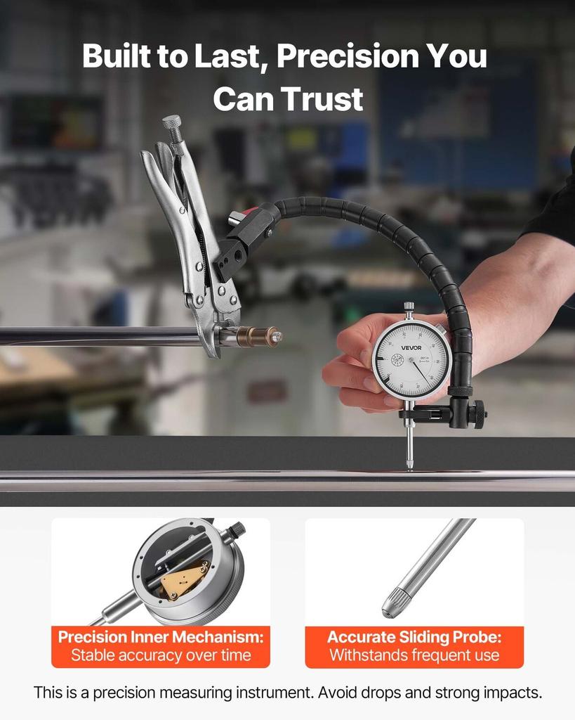 Dial Test Indicator with 360° Flexible Arm and 360° Locking Pliers, 0.03 Mm Accuracy, 0-25.4mm Range, Professional for Machine Set-Up, Narrow Area