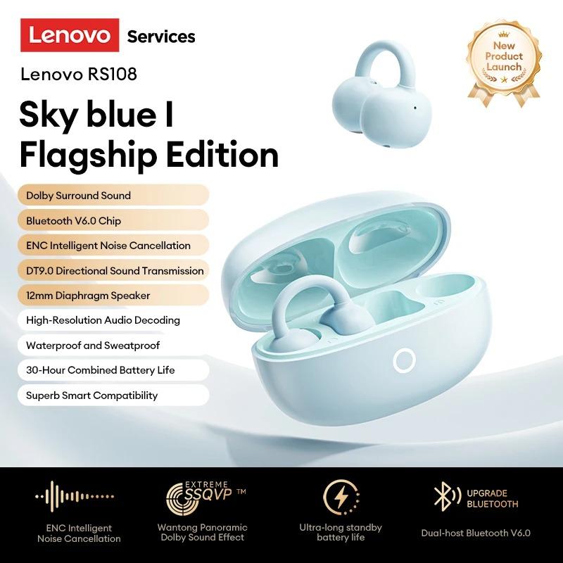 Original Lenovo RS108 Open Ear Bluetooth 6.0 Headset Clip On Wireless Earphones HiFi In-Ear Earbuds ENC Noise Canceling Headphones 30H Playtime