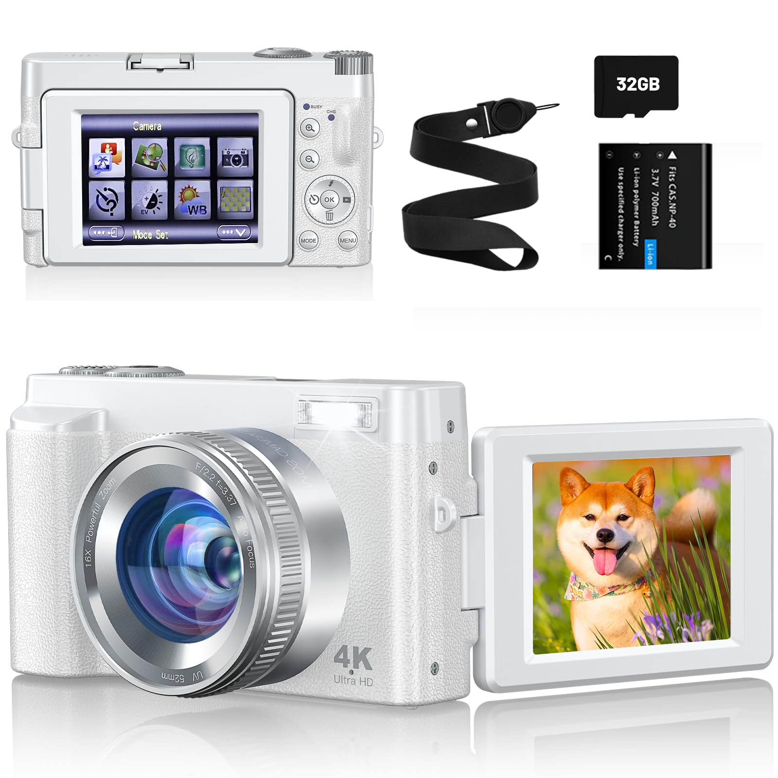 

4K Digital 48 Selfie Camera for and Tripod Image 256g Memory Card White Camera, Megapixels, Vlogs, YouTubers, Instagram, Compatible, Stabilization, білий