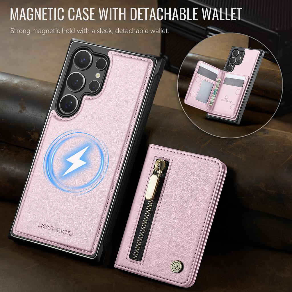 For Samsung Galaxy S26 Ultra Case JEEHOOD J12 Magnetic Detachable Zipper Wallet Kickstand Leather Back Cover Compatible with MagSafe