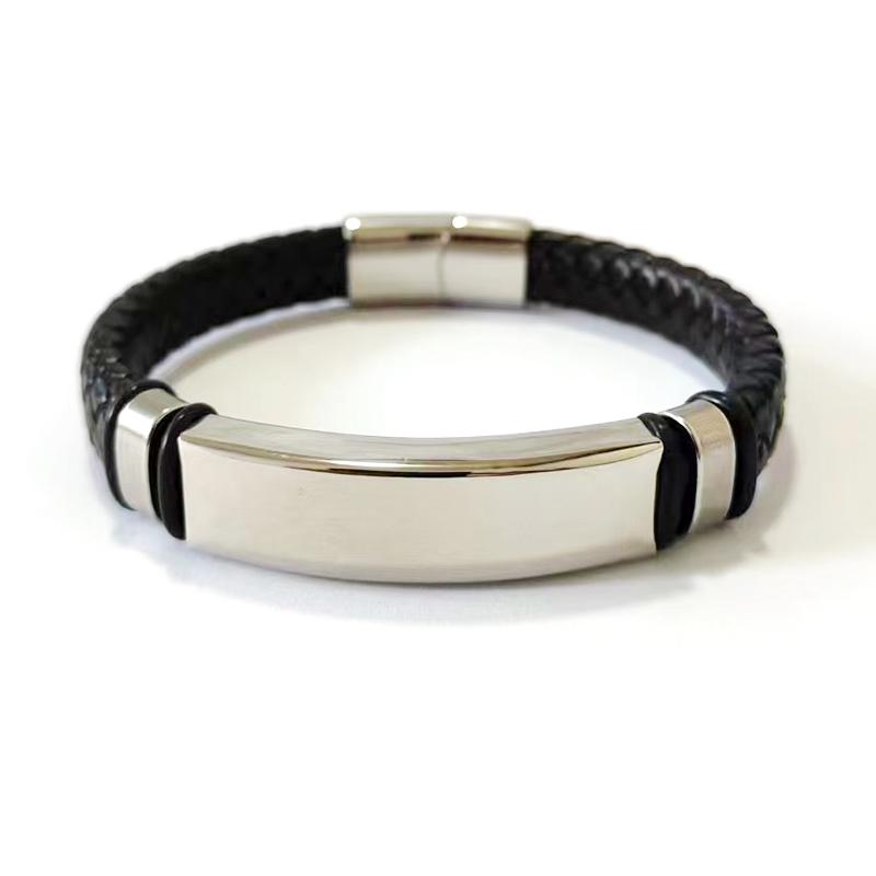 

10mm Punk Custom Text Logo Name Red Black Men Leather Bracelet Stainless Steel Bracelets For Women ID Bracelet No custom-22cm чорний