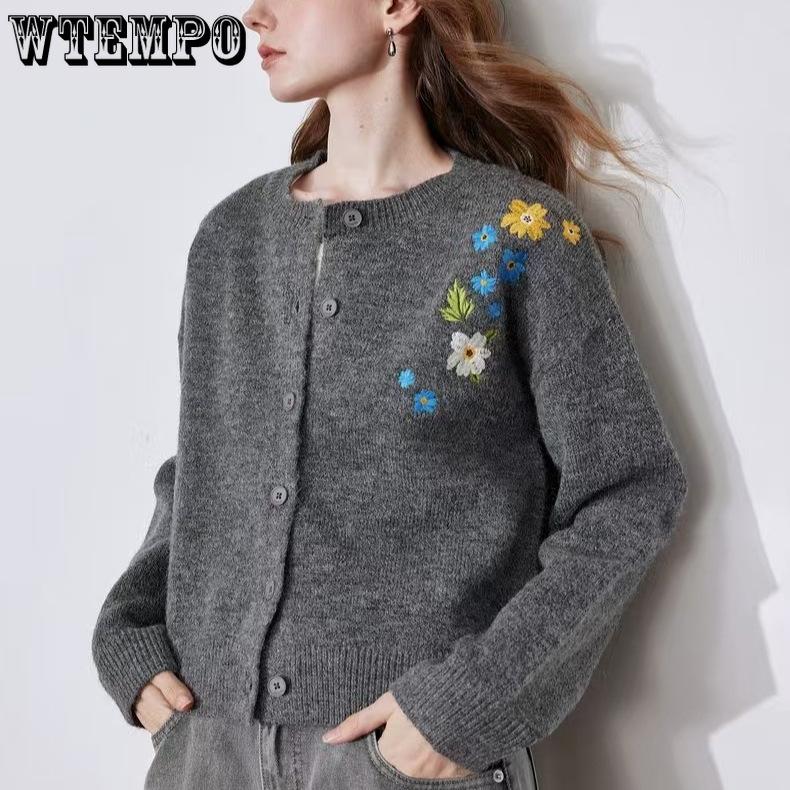 Sweater Cardigan Women's Spring and Autumn Flower-embroidered Knitted Cardigan Casual Loose Sweater Coat Top