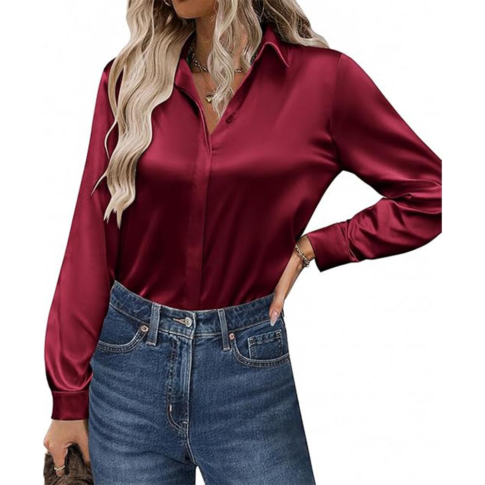 

Атласные блузки для женщин, повседневные шелковые рубашки с длинным рукавом, нарядные деловые туники для работы, топы 2XL красный