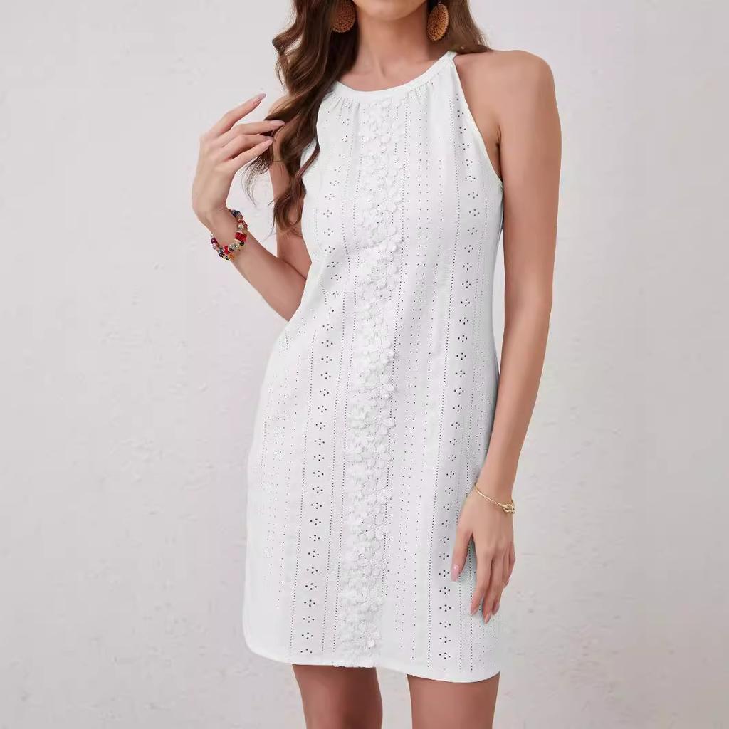 Women Summer Casual Sleeveless Solid Color Lace Hollow One Piece Dress