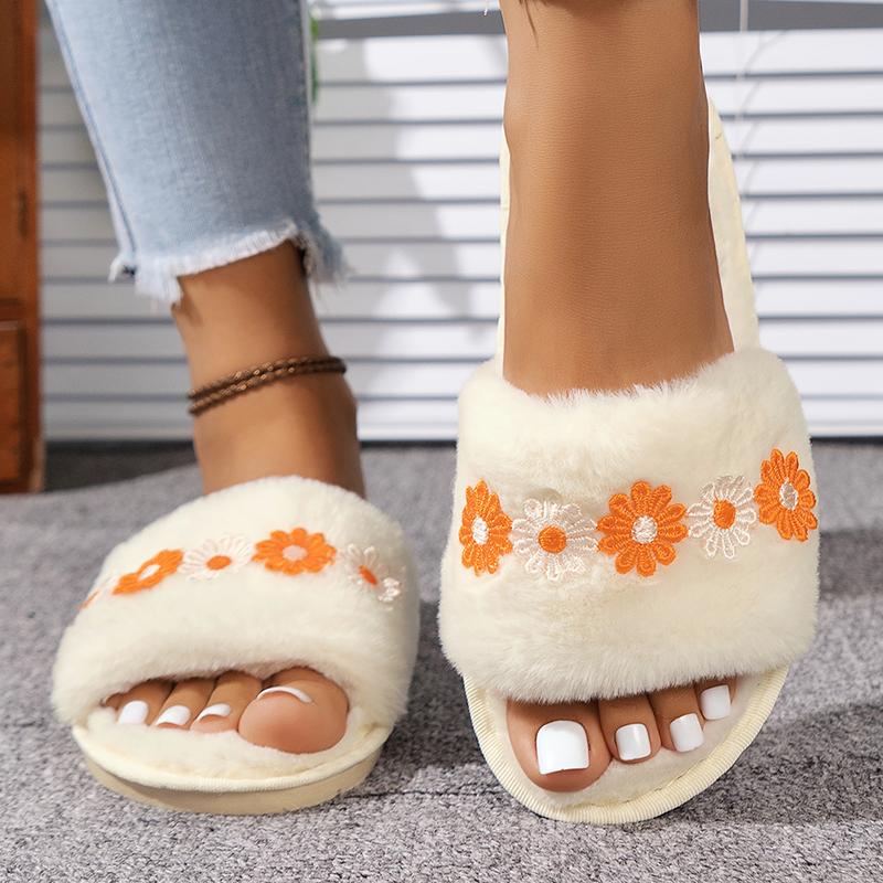 Fashion Fashion Flower Decor Cotton Slippers Women Soft Sole Warm Indoor House Slides Woman Winter Open Toe Non Slip Plush Slippers 2025