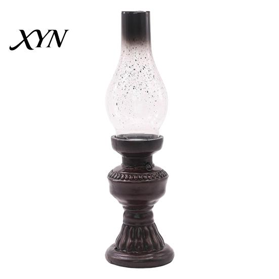 Smoked Glass Candle Holder Miniature Kerosene Lamp Resin Holder, Retro Oil Figurine with Broken Dot Shade & Carved Base, Tabletop Decor for