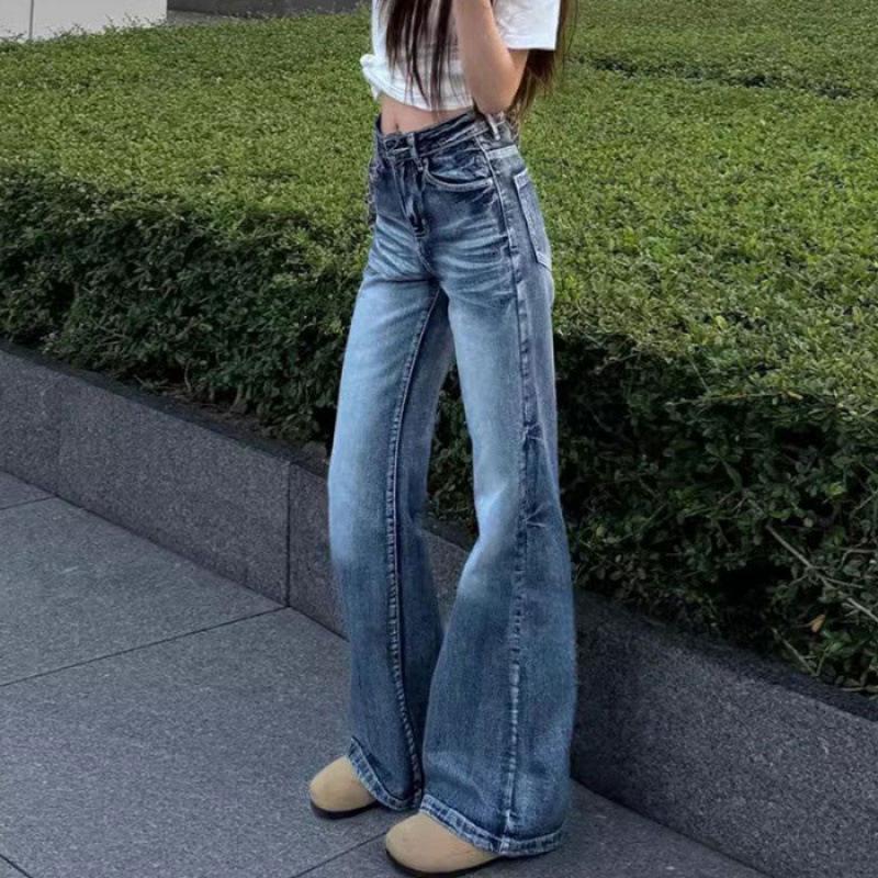 

Wash-Pleated Wide-Leg Flare Jeans for Women - Plus Size, Retro Blue, Floor-Length, Loose Fit, Spring/Summer Collection Small