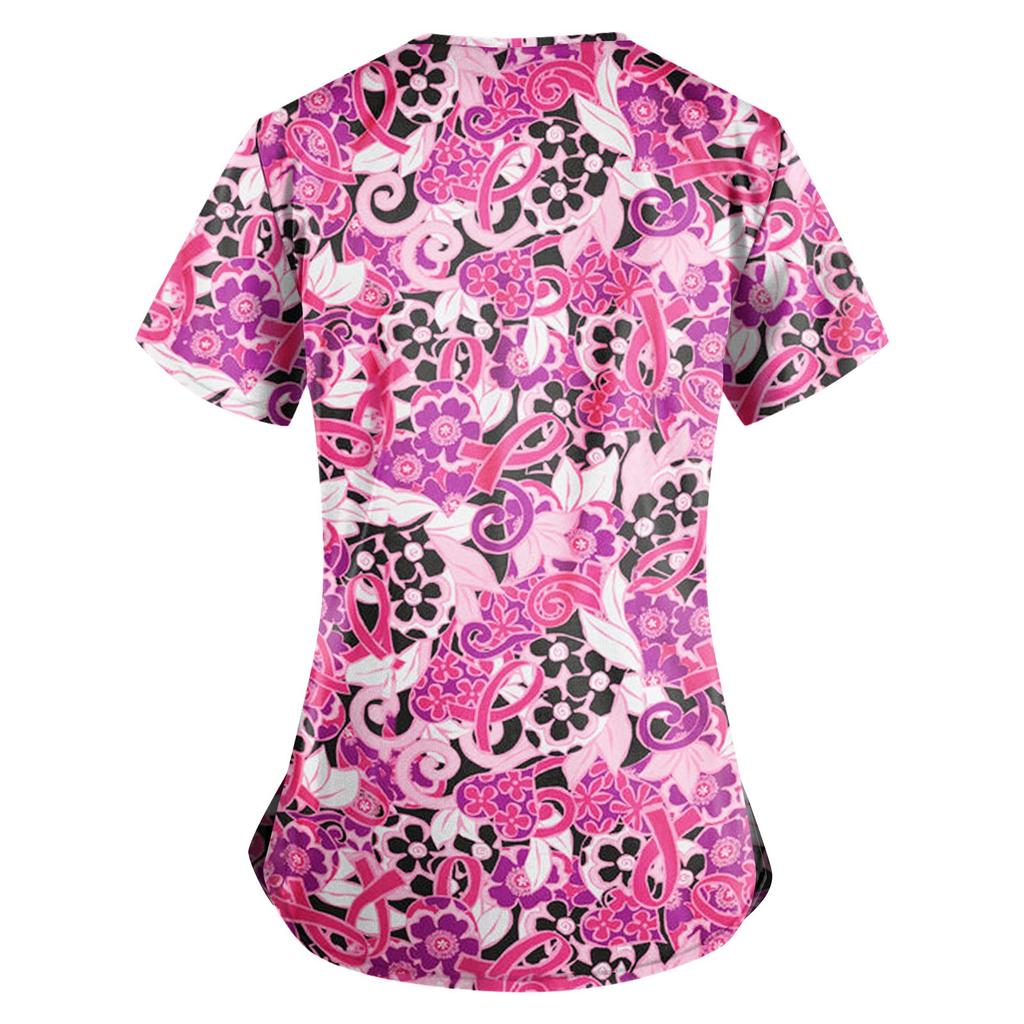 Women's Fashion V-neck Short Sleeve Workwear With Pockets Printed Tops