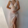 Womens Sleeveless V Neck Bodycon Dress Sexy Spaghetti Strap High Slit Ruched Midi Dress Cocktail Party Wedding Guest Dress