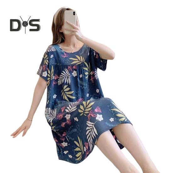 Women Nightdress Loose Floral Print Round Neck Pleated Short Sleeves Knee Length Homewear Casual Midi Dress Lady Nightgown Midi Dress
