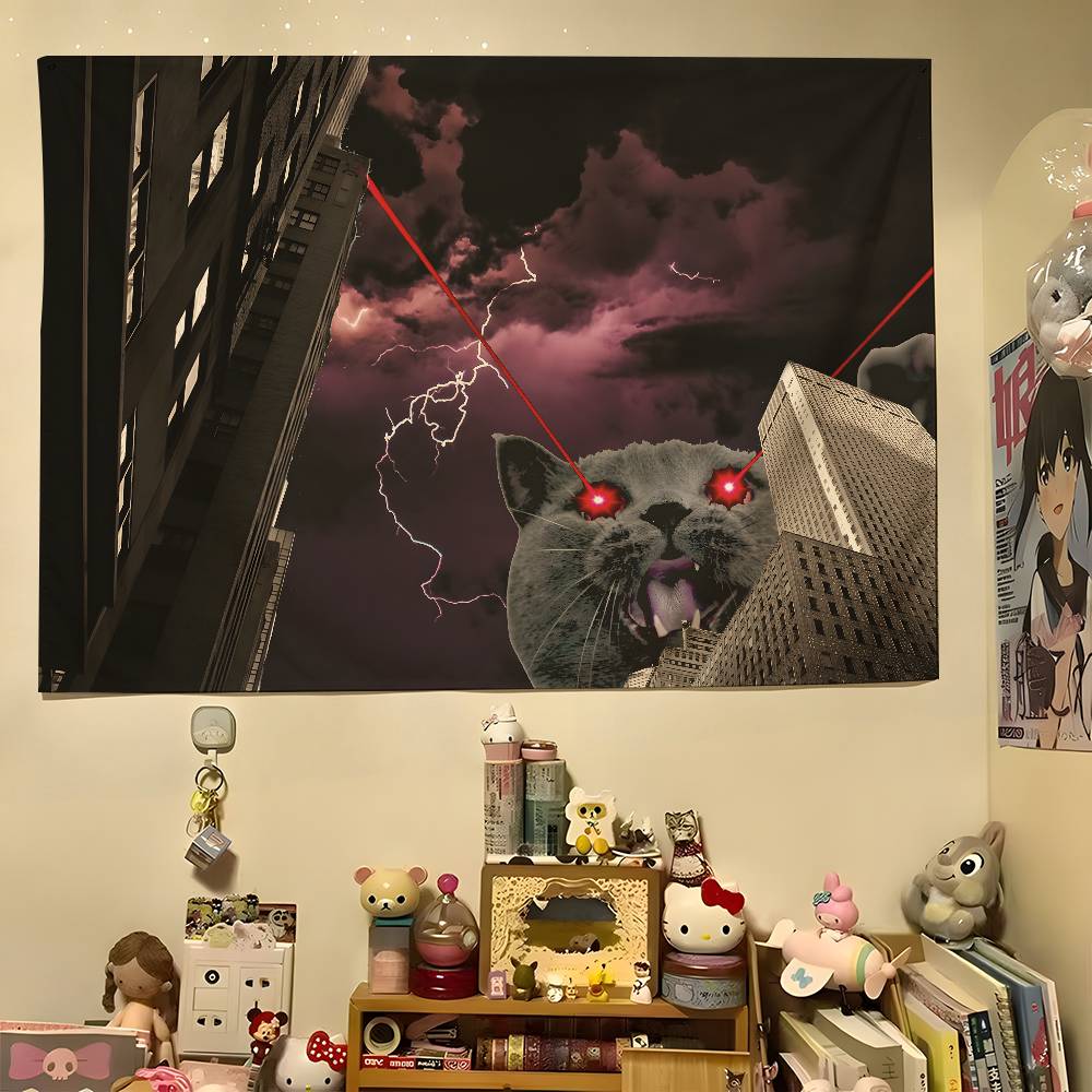 1pc Laser Cat Rampage Colorful Hippie Psychedelic Bar Living Room Study Bedroom Dorm Decor Aesthetic
