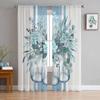 Spring Summer Eucalyptus Leaves Stripes Blue-Green Tulle Window Curtains for Bedroom Luxury Drapes In Living Room Chiffon Panels