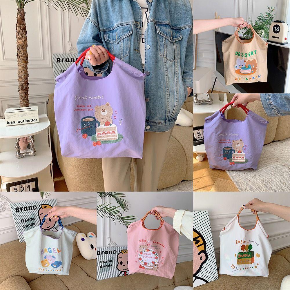 

INS Ball Chain Canvas Bag Printing Embroidery Bear Handbag Office Worker Tote Travel