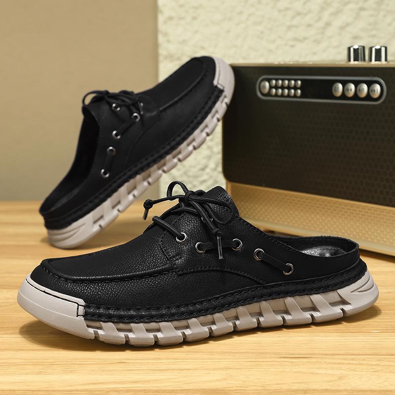 Men's Summer New Large Size Slip-On Driving Shoes Outdoor Genuine Leather Breathable Rubber Sole Square Toe Bean Bean Shoes