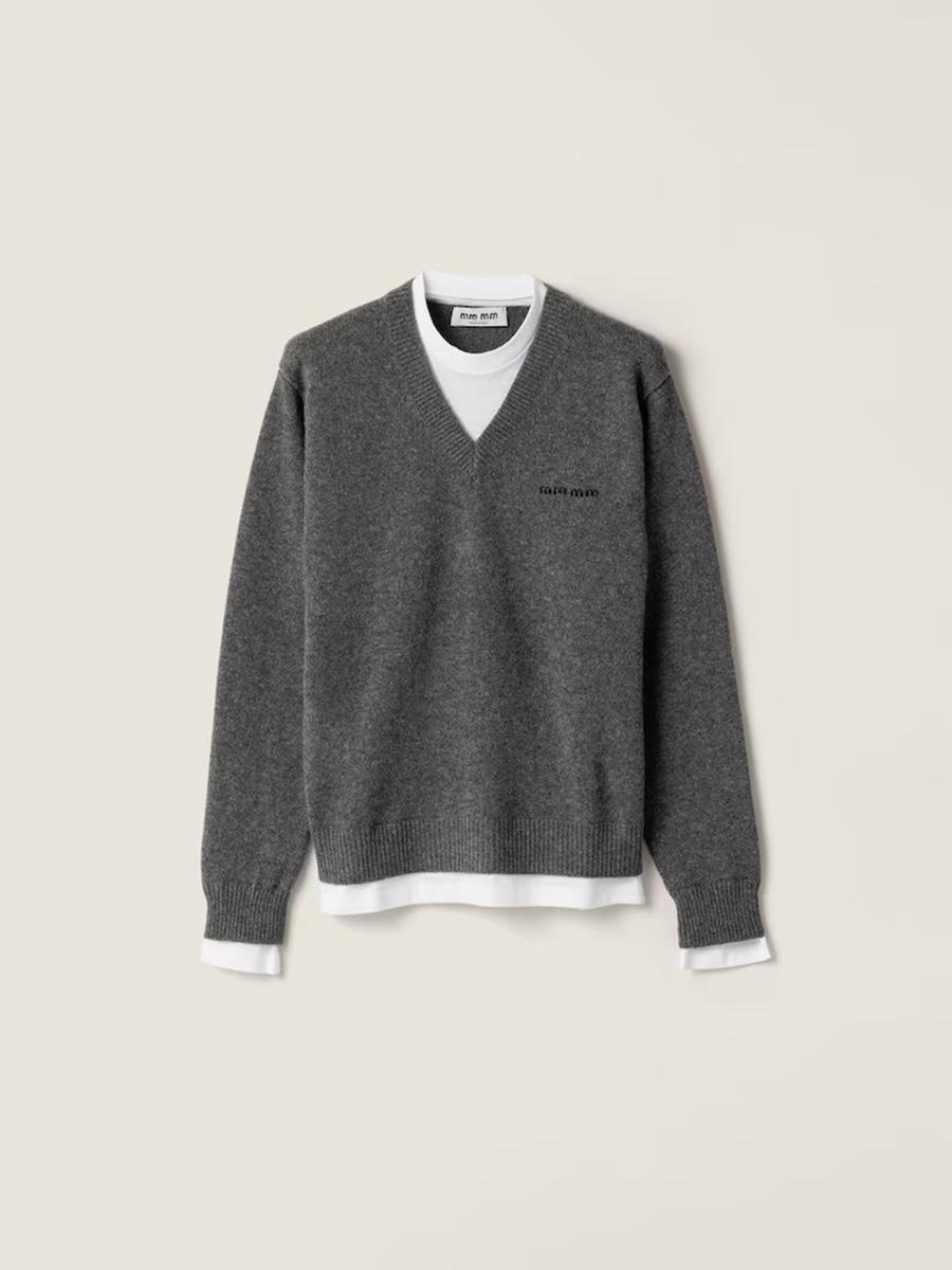 

Nanyou Women s V-Neck Wool Knit Sweater with Inlaid Logo - 26 Spring New Fashion, Fake Two-Piece Design, Long Sleeve Small серый