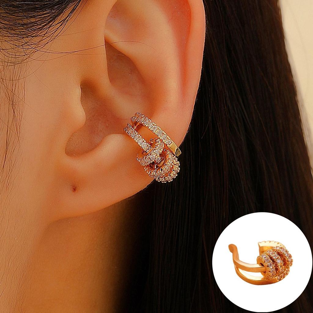 Brinco de Orelha Inlaid Entrelaçado Multicamadas Sem Perfuração Joia de Orelha Brilhante para Mulheres Acessório de Decoração para Festa da Moda