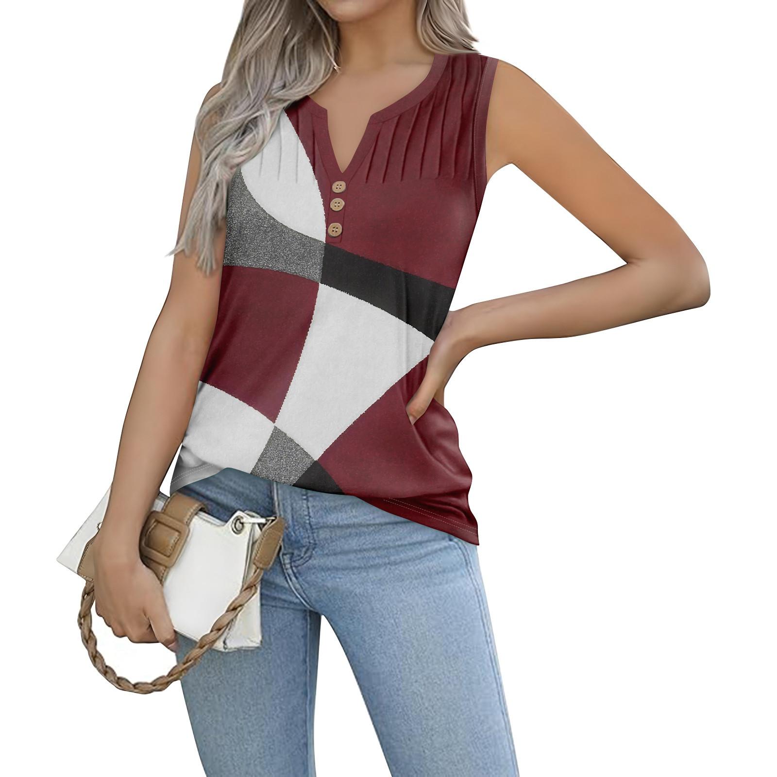 

Женская майка для девочек с цветными принтами Повседневный топ Майки для женщин Свободный крой Топы без рукавов Струящиеся S винный