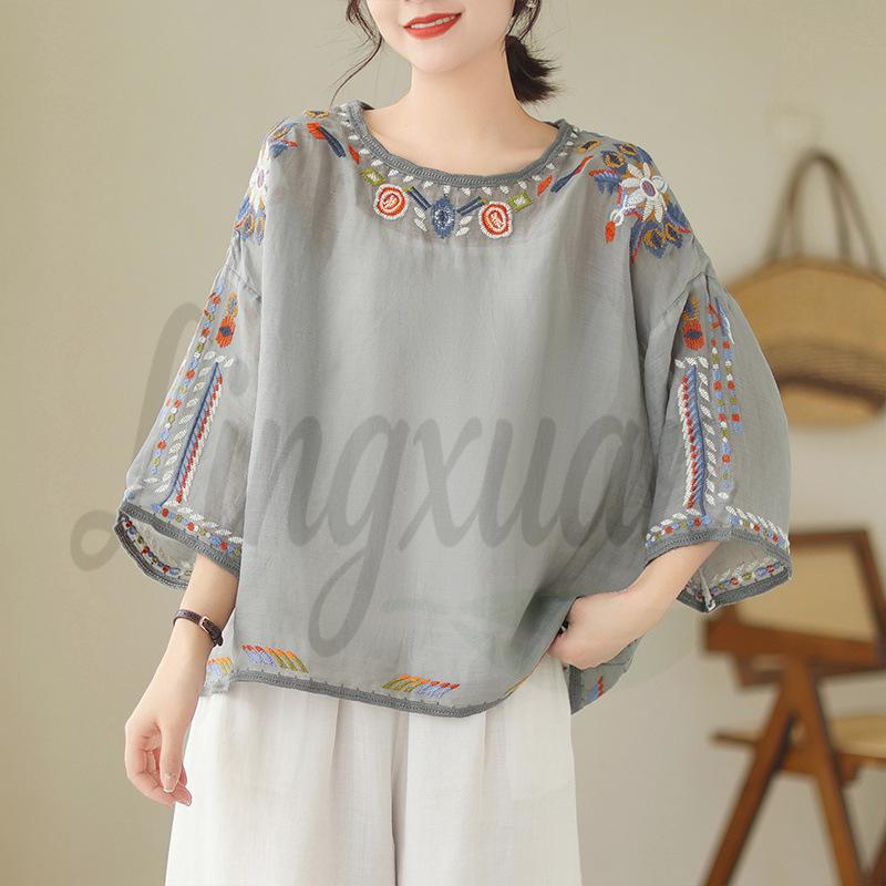 Elegant Ethnic Embroidered Plus Size T-Shirt, Summer 2026 L серый