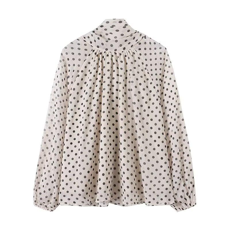 2026 Womens Loose Fit Polka Dot Long Sleeve Shirt Casual Wrap Collar Blouse