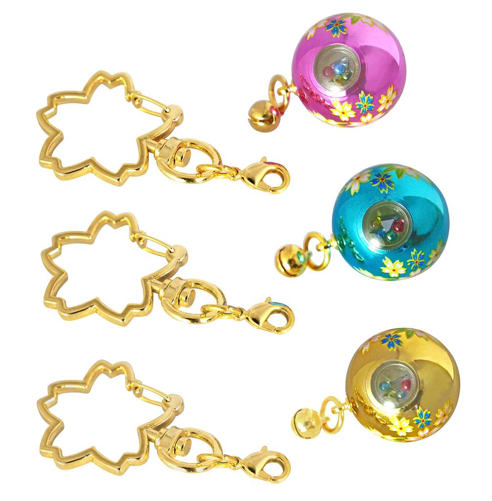 [ZOON] Kaleidoscope Keychain (3 Pieces) with 8mm Bell, Metallic Japanese Pattern, Set 2 (pink, Light Blue, Gold)