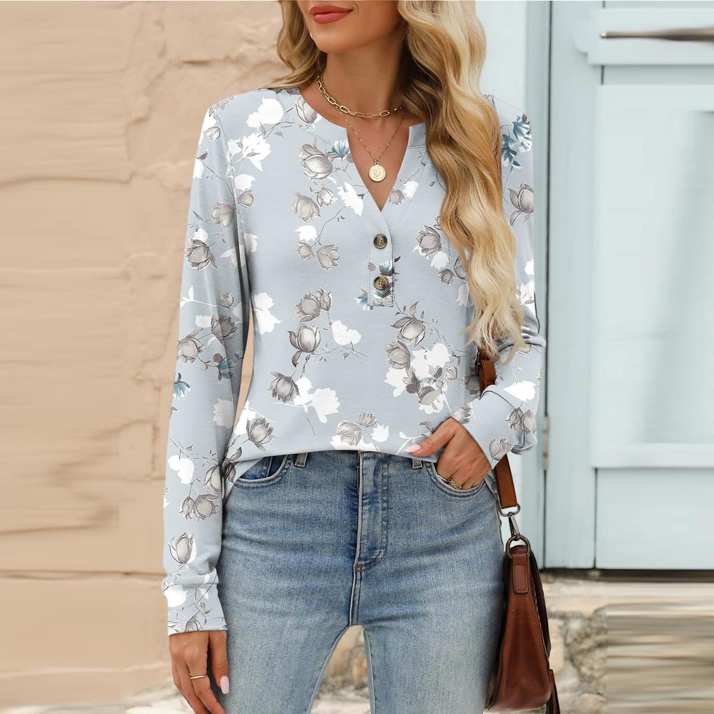Women's Fashion Casual Floral Print Long Sleeve T-Shirt Pullover Top