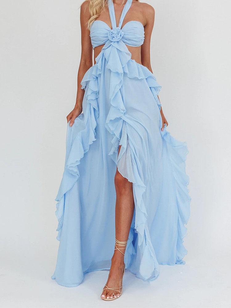 Europe, America spring and summer new sexy lace-up tube top backless lace-up ruffle edge long dress women's clothing