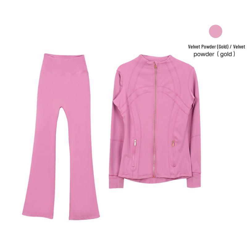 In Stock: Women's Gold Jacket & Flare Pants - High Stretch, Slimming Sports Yoga Set