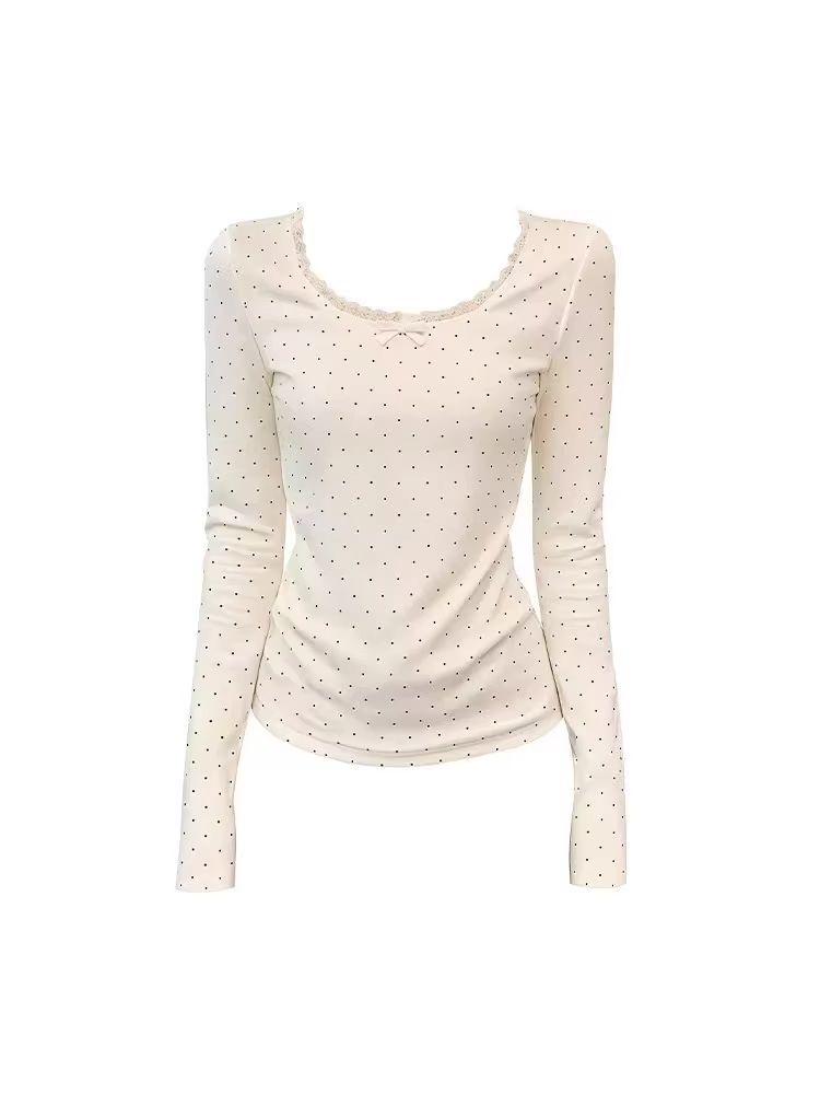 DeRong Women's Slim Fit Polka Dot Lace Bow Long Sleeve T-Shirt, U-Neck Base Layer for Autumn and Winter
