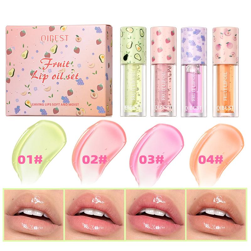 

4 вида фруктового вкуса, увлажняющие и увлажняющие губы, пухлые, водные, прозрачный блеск для губ, зеркальный набор масел для губ