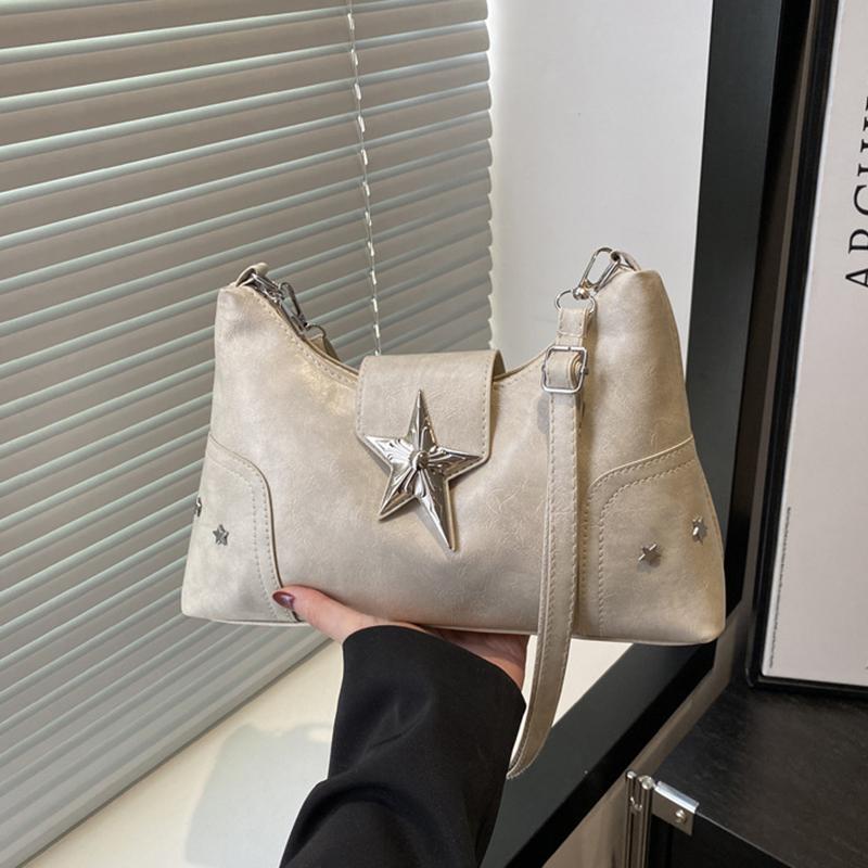 Women PU Star Decor Shoulder Bag Chic Hobo Bag Large Capacity Fashion Crossbody Bag Solid Color Sweet Underarm Bag AVE