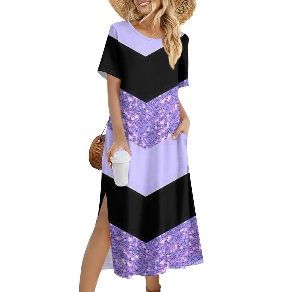 Damenmode Sommerkleid mit Farbblock-Patchwork-Print, lässiges Strandkleid, schmales Urlaubskleid