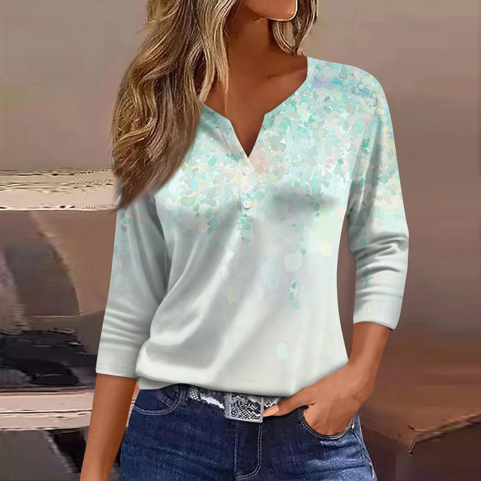 

Жен. Футболка Футболка С принтом Пуговицы Рукав 3/4 Повседневные Выходные Мода Классический V-образный вырез Обычный Топ L светло-синий