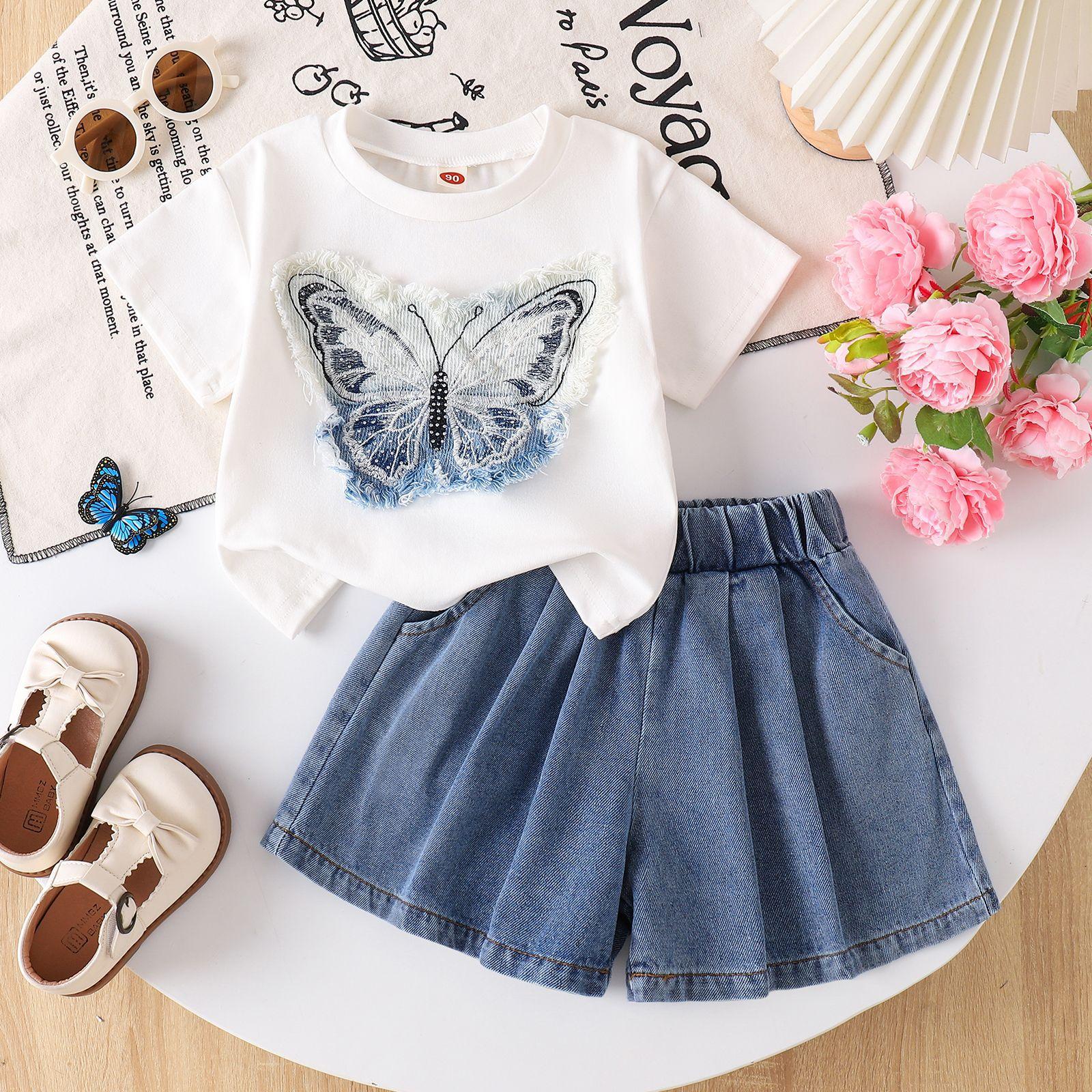 Children s Fashion Set: Summer Girls Butterfly T-Shirt + Denim Skirt Set 100cm