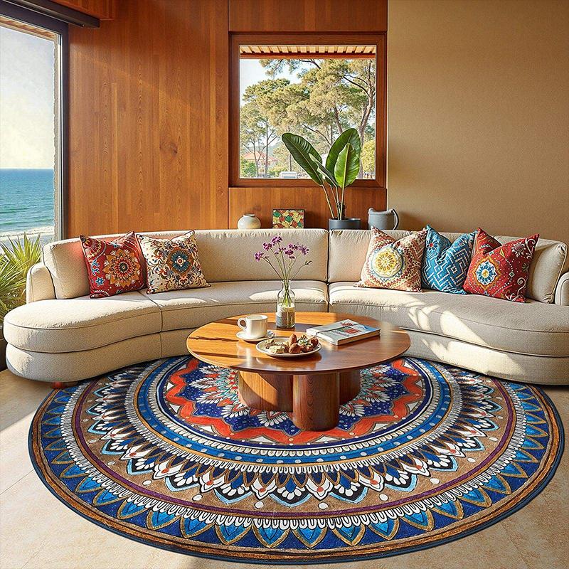 Round Living Room Carpet Machine Washable Foldable Rug Soft Comfortable Non-slip Bedroom Floor Mat Retro Style Home Decor Rugs
