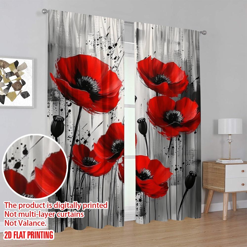 2 Stück, 2D-Flachdruck Fenster Vorhang Rote Mohnblüte Ausbruch Vielseitiger Polyesterstoff (ohne Stange) Alle Jahreszeiten Ldeal zum Wohnen