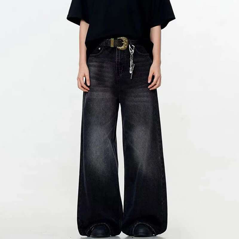 STREETRICH Простые мужские джинсы из денима однотонные стирка американский стиль повседневные брюки прямой крой мешковатые мужские джинсы Asian Size S чёрный