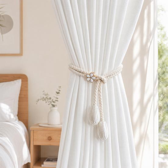 2Pcs Adjustable Curtain Tiebacks, Curtain Ties with Flower Slides, Cute Charms, Boho Curtain Holder Ropes for Home Bedroom Curtains Patio Drapes