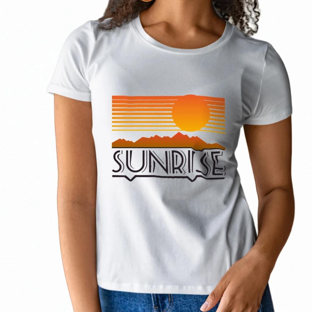 Vintage inspired Womens Short Sleeve T Shirt Sunrise Design with Sun and Mountain Graphic for a Morning themed Summer Look