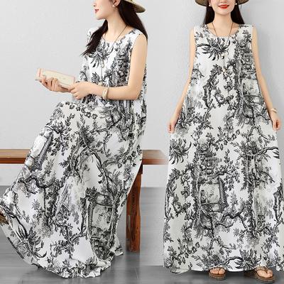 DIMANAF Women Plus Size Summer Beach Lady Long Dress Vest Sleeveless Loose Oversize Maxi Floral Print Sundress Clothing 2026 New