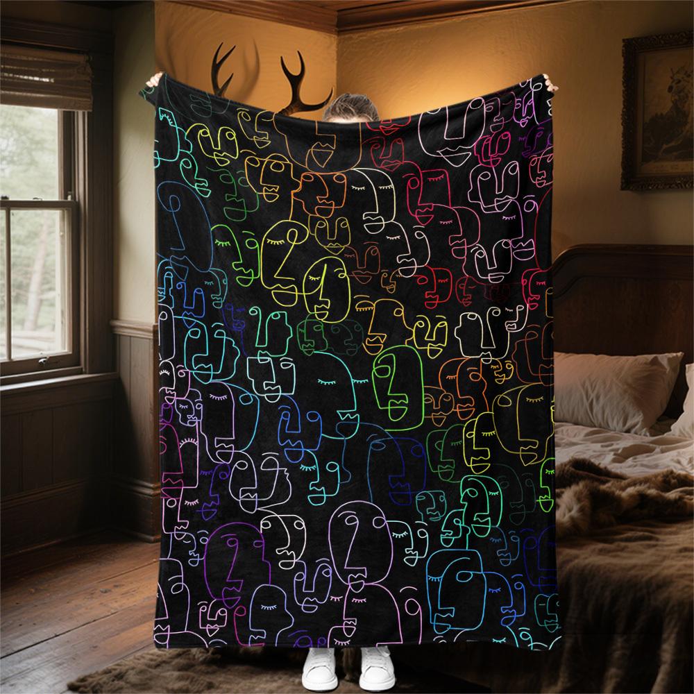 1PC Faces ArtworkOutdoor Flannel Blanket - Soft Plush Decor for Picnics, Camping, Bedroom, Playroom, Office, or Lunch Break 1248A