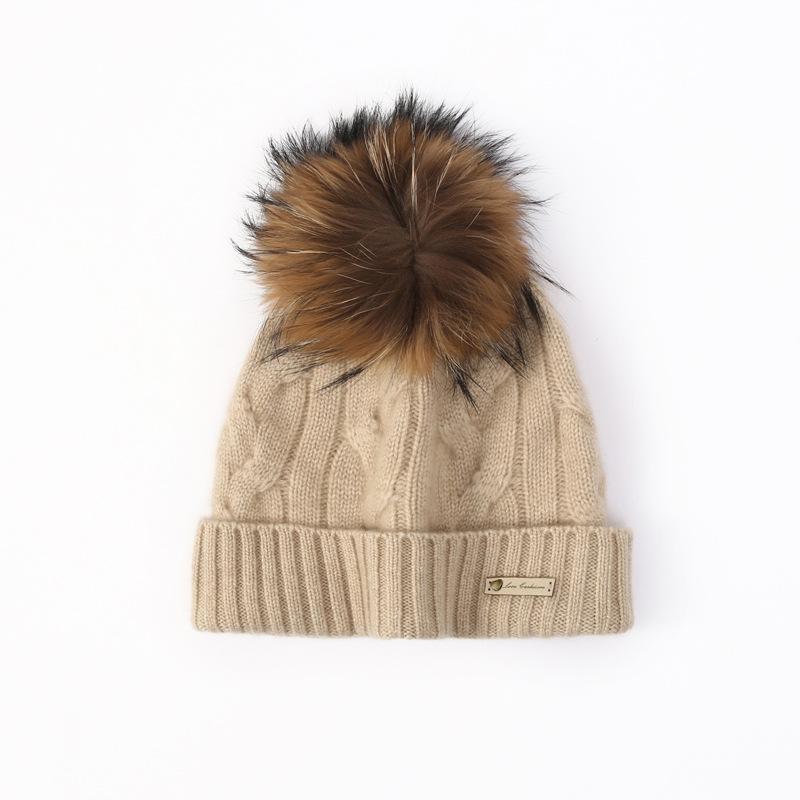 Pure Cashmere Autumn and Winter New Style Women's Casual Warm Ear Protection Large Cable Wool Ball Toe Knitted Hat