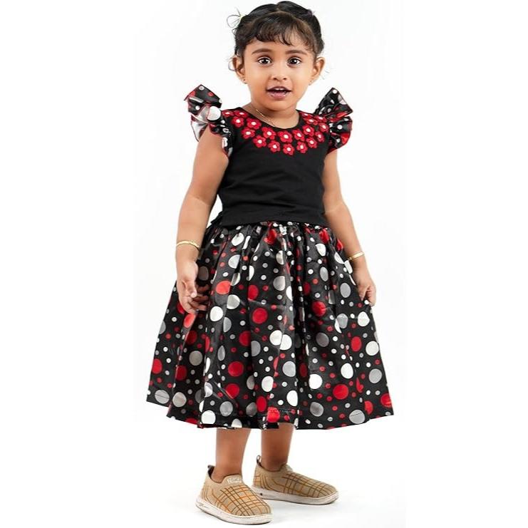 Платье для девочек, Dress for Girls Satin Polka Printed Floral Embroidery (Black & Red), Stanwells Kids