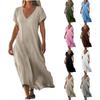 2026 Spring Summer Women Cotton Linen Maxi Dress V Neck Short Sleeve Loose A Line Long Dress S-5XL Plus Size Vacation Beach Casual Sundress