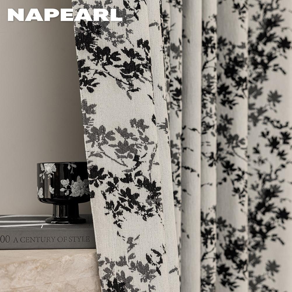1PC NAPEARL Middle Ancient Style French Printed Curtains Black and White Floral Branch Printed Curtains for Bedroom Living Room Home Decor