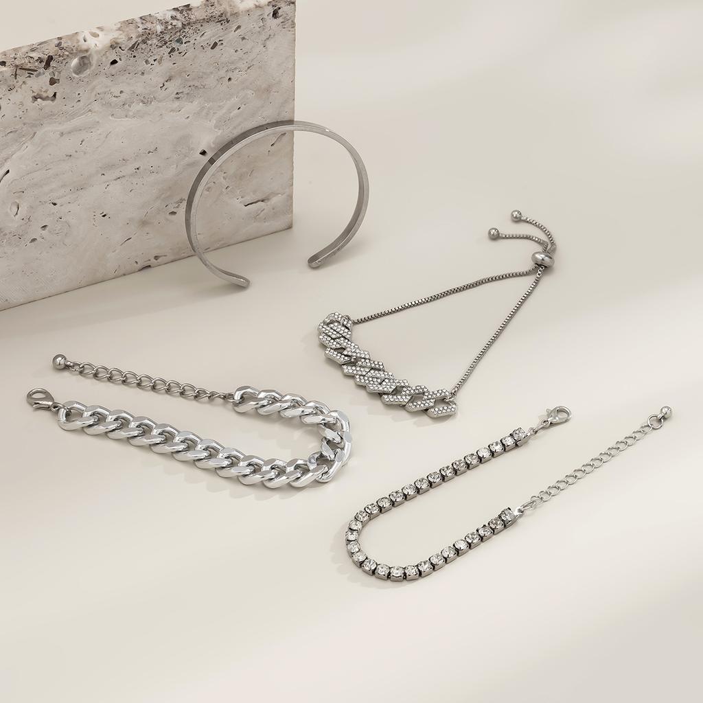 Accessories, Exaggerated Thick Chain Glossy Bracelet Bracelet, Personalized Full Diamond Cuban Buckle Adjustment Bracelet Set