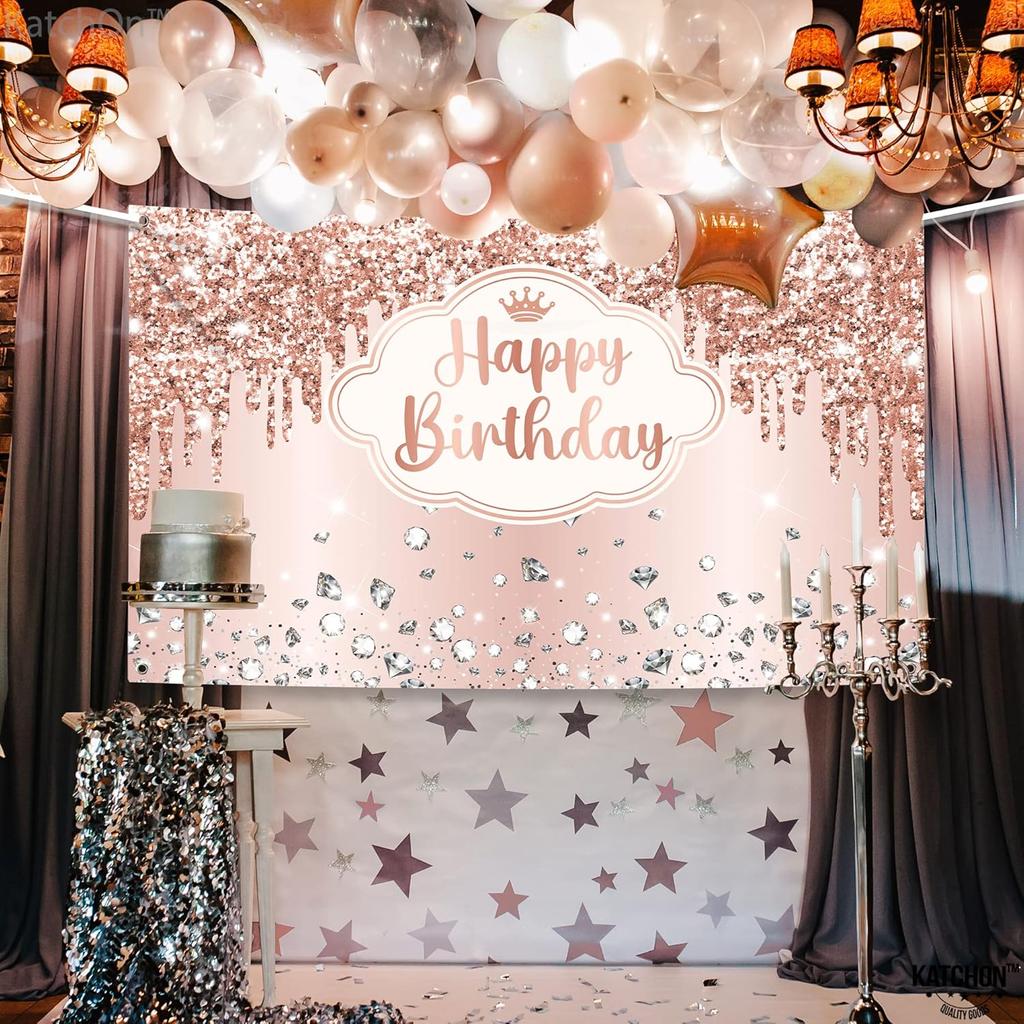 KatchOn, XtraLarge Rose Gold Happy Birthday Banner - 72x44 Inch | Birthday Decorations for Women, Girls | Backdrop Banner for Rose Gold Party