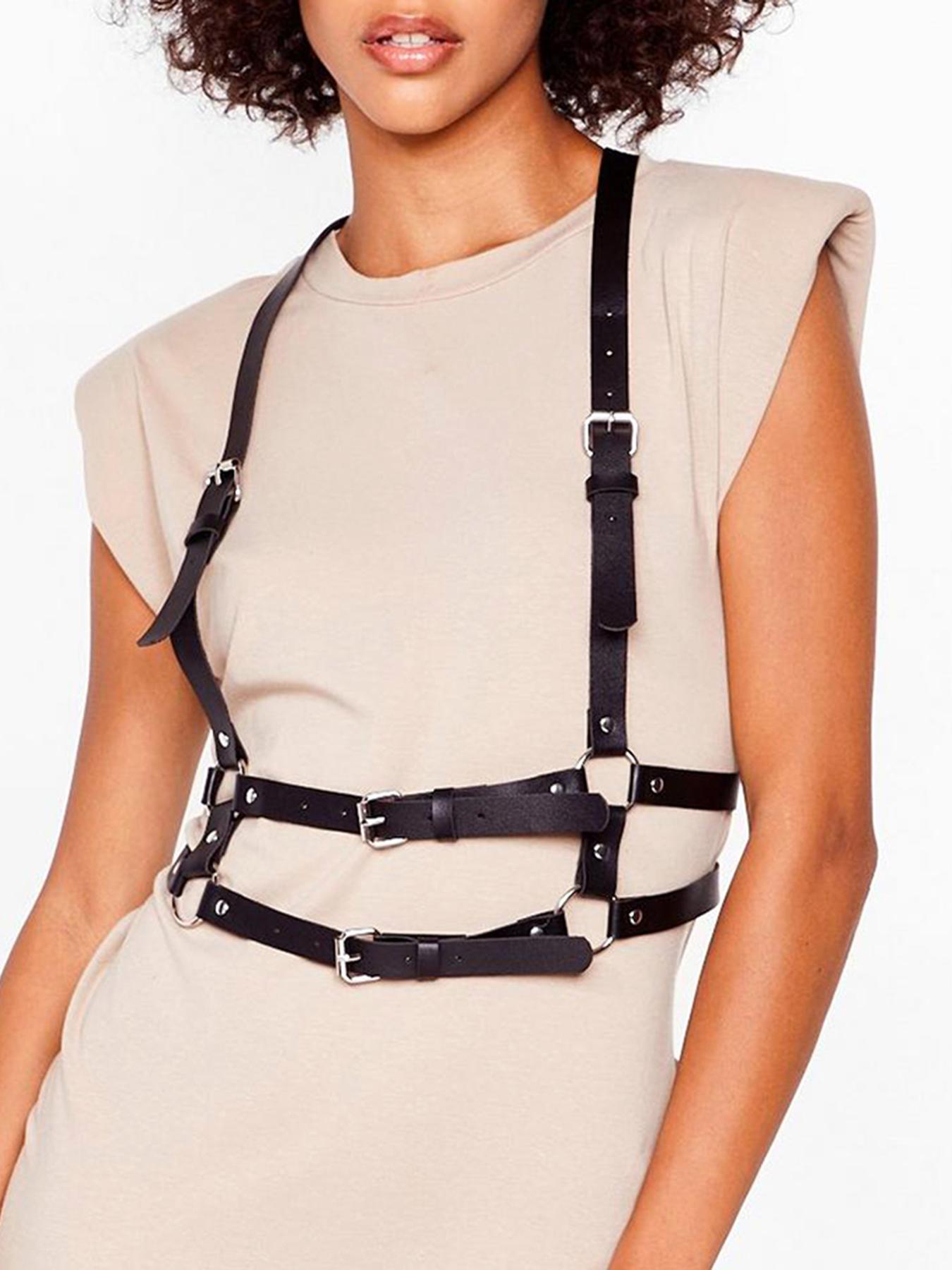 

Women S Leather Body Harness With Adjustable Buckles, Gothic Punk Style, Perfect For Festival Outfits 92cm