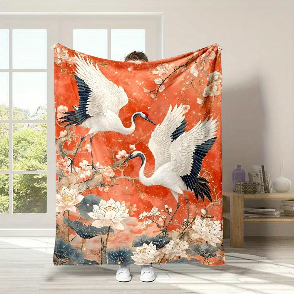 Flannel Throw Blanket with White Crane and Lotus Design, Digital Print Soft Polyester Flannel, Reversible, Non-Woven, No Pilling