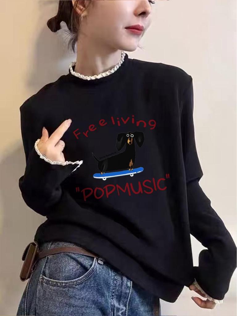 Women's Trendy Lace Collar Puppy Print Velvet Thick Long Sleeve T-Shirt for Autumn/Winter